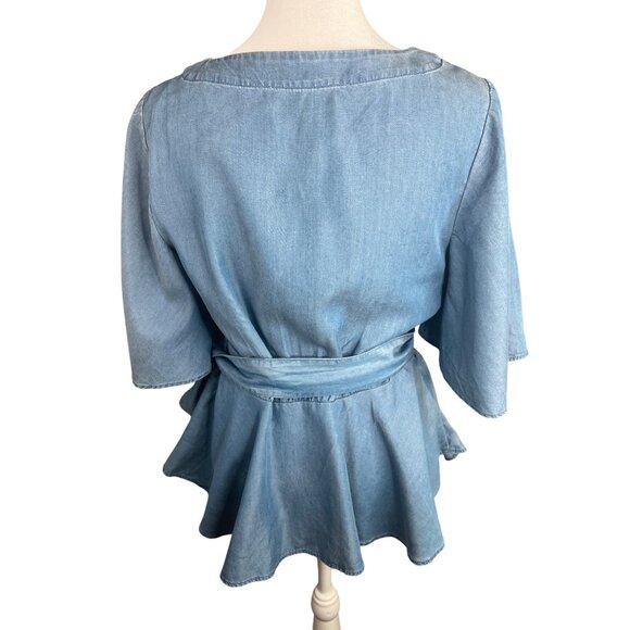 LOFT Chambray Blue Wrap Peplum Top Small Flutter Sleeves Adjustable Tie Waist - Picture 2 of 14